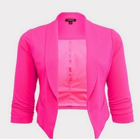 Studio Refined Crepe Shawl Collar Blazer Torrid Hot Pink 3/4 sleeve Barbie 3 - Picture 3 of 4